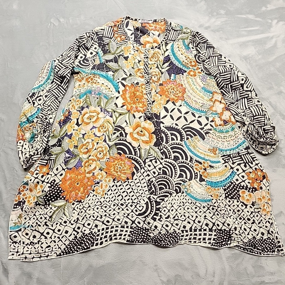 Johnny Was Shirt Womens Small Multicolor Floral Silk Tunic Boho Peasant Top READ